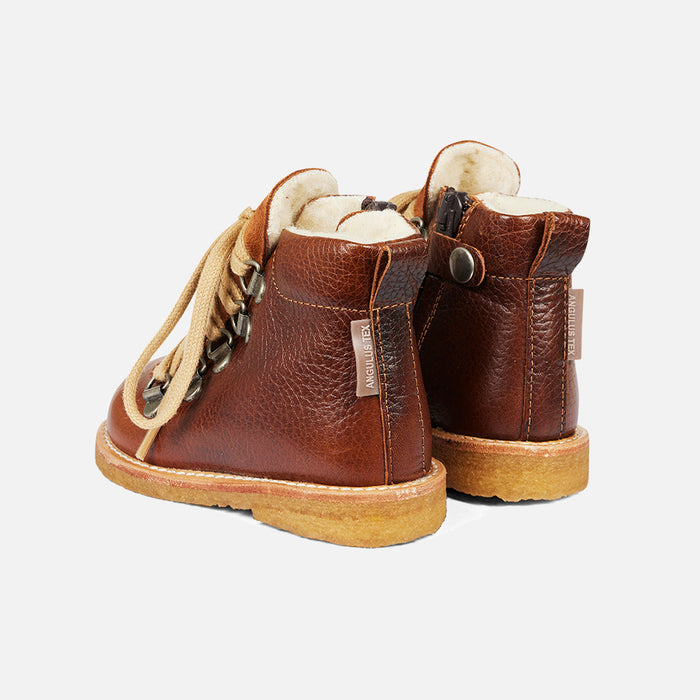 Toddler Wool Lined Waterproof Lace Up Leather Boots w/ Zip - Cognac
