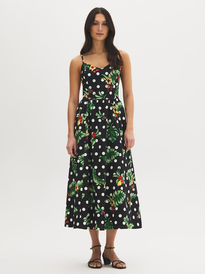Jet Black Tropical Print Cotton Midi Dress - Woman Wearing Fitted Upper Dress with Full Skirt - Suzy Shier