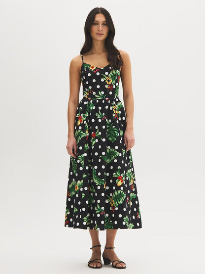 Jet Black Tropical Print Cotton Midi Dress - Woman Wearing Fitted Upper Dress with Full Skirt - Suzy Shier