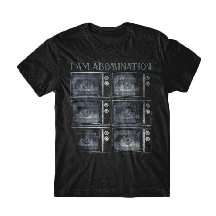 Classic fit black t-shirt by I Am Abomination, made from 100% cotton Gildan Heavy Cotton, featuring six vintage TV screens with eyes and the words “I AM ABOMINATION” printed above.