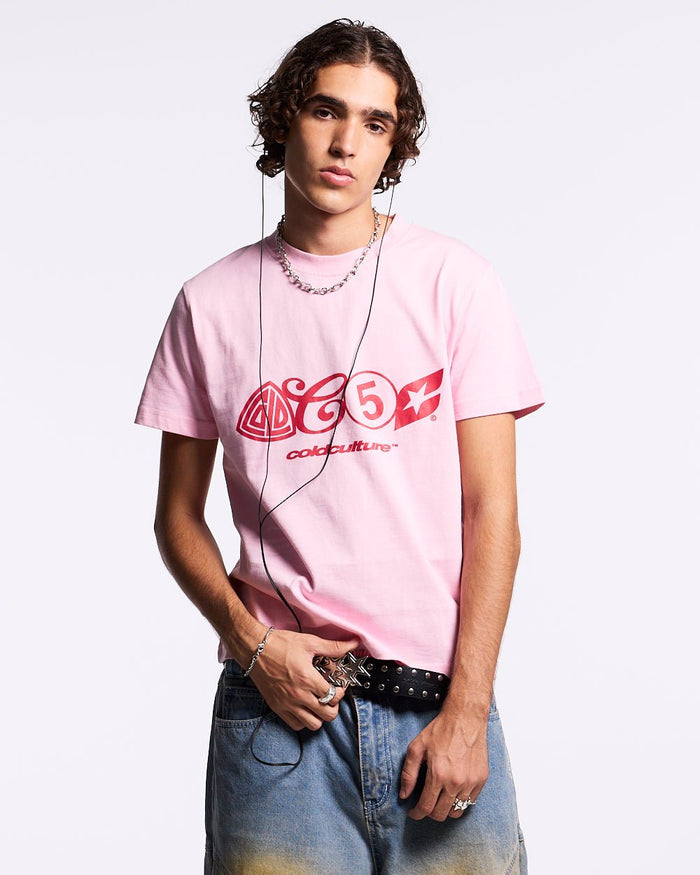 URBAN LEGACY TEE BABY PINK - baby pink graphic print tee, front view on male model - Cold Culture #man