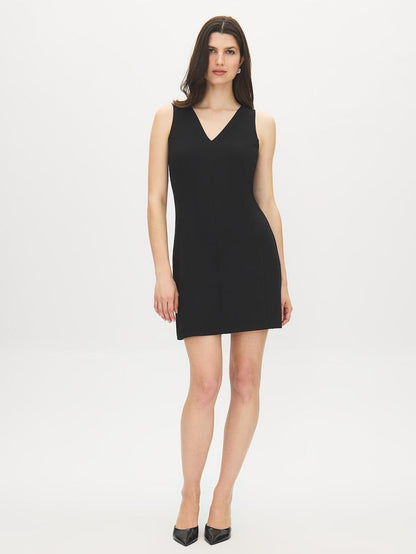 Black V-Neck Sleeveless Knit Dress - Woman Wearing Fitted A-Line Dress - Suzy Shier