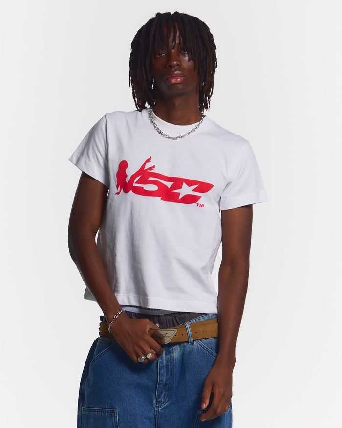 V5C TEE WHITE - white graphic print tee, front view on male model - Cold Culture #man