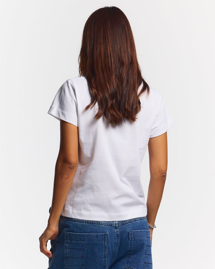 V5C TEE WHITE - white graphic print tee, back view on female model - Cold Culture #woman