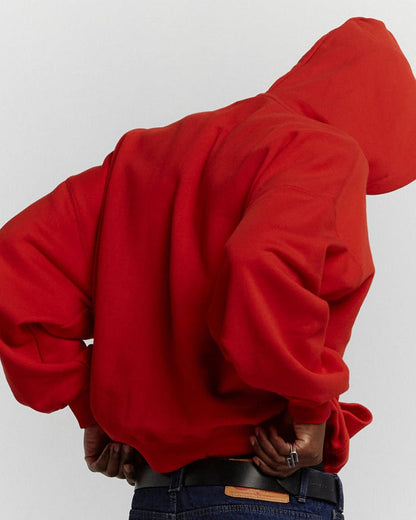 VARSITY HOODIE ASTORATH RED - red varsity hoodie, back view on male model - Cold Culture #man