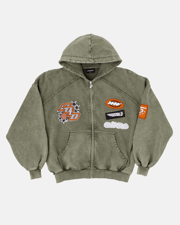 WALKER ZIP HOODIE WASHED GREEN - washed green zip hoodie with patches, front view - Cold Culture