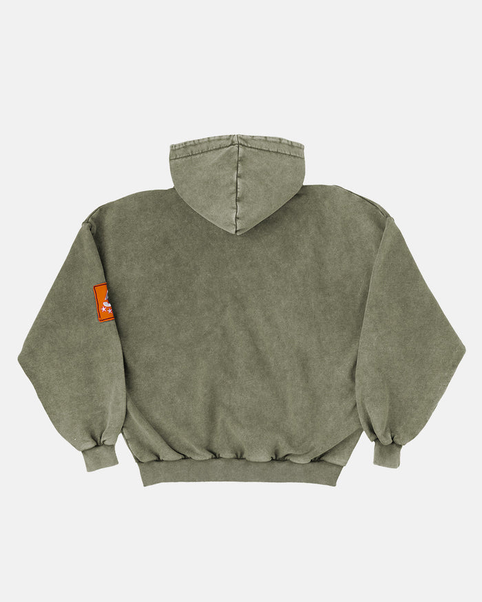 WALKER ZIP HOODIE WASHED GREEN - washed green zip hoodie with patches, back view - Cold Culture