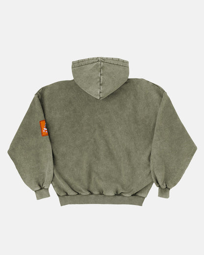 WALKER ZIP HOODIE WASHED GREEN - washed green zip hoodie with patches, back view - Cold Culture