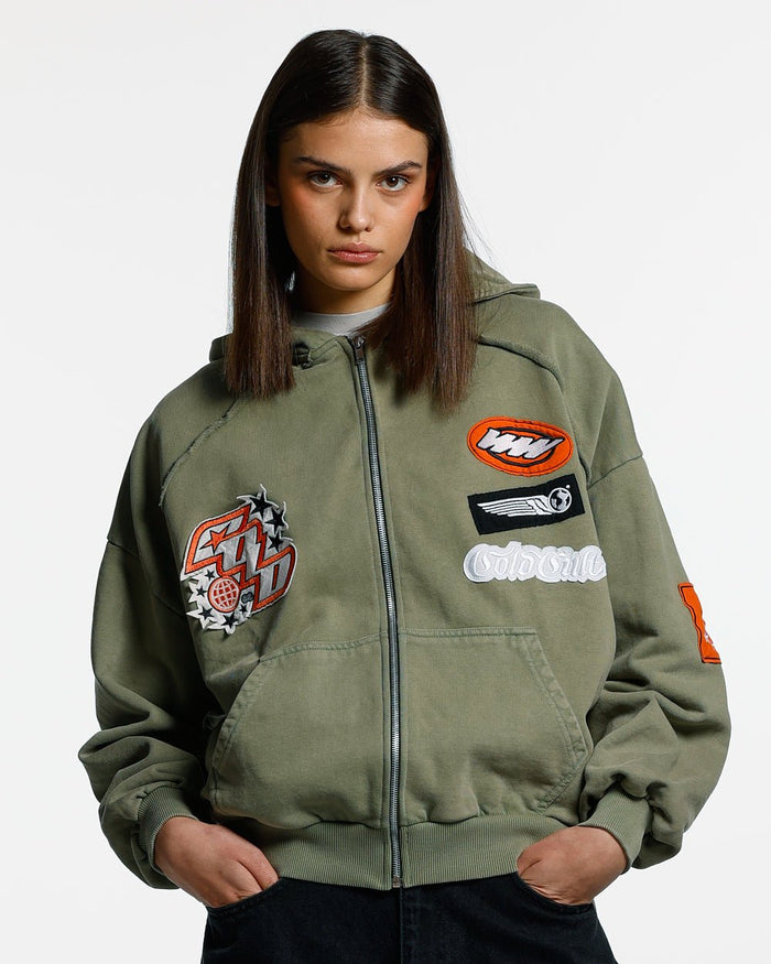 WALKER ZIP HOODIE WASHED GREEN - washed green zip hoodie with patches, front view on female model - Cold Culture #woman