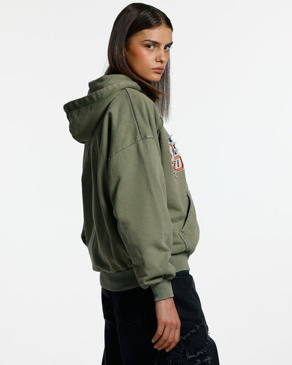WALKER ZIP HOODIE WASHED GREEN - washed green zip hoodie with patches, side view - Cold Culture #woman