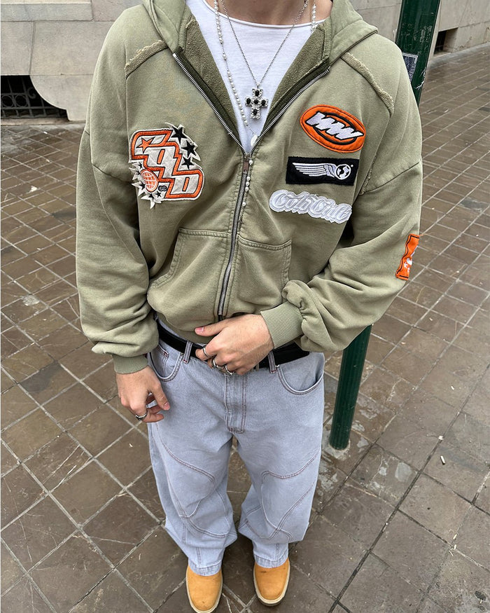 WALKER ZIP HOODIE WASHED GREEN - washed green zip hoodie with patches, street style shot - Cold Culture