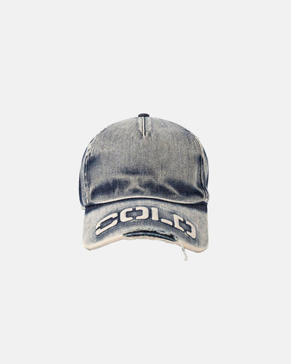 WASHED PROGRESS LOGO CAP HEAVY BLUE - washed blue denim cap, front view - Cold Culture
