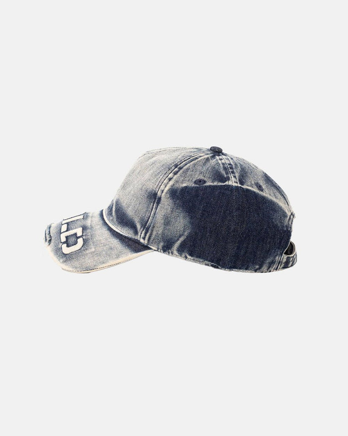 WASHED PROGRESS LOGO CAP HEAVY BLUE - washed blue denim cap, side view - Cold Culture