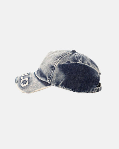 WASHED PROGRESS LOGO CAP HEAVY BLUE - washed blue denim cap, side view - Cold Culture