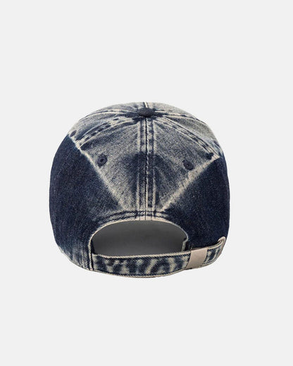 WASHED PROGRESS LOGO CAP HEAVY BLUE - washed blue denim cap, back view - Cold Culture