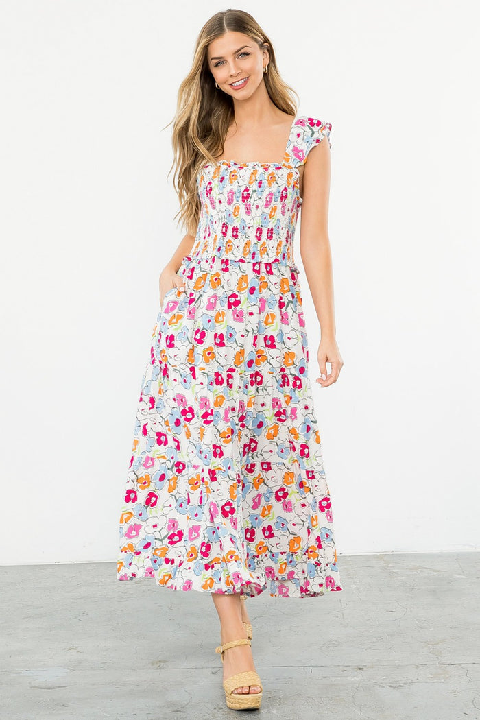 white floral smocked dress pockets