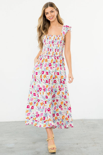 white floral smocked dress pockets