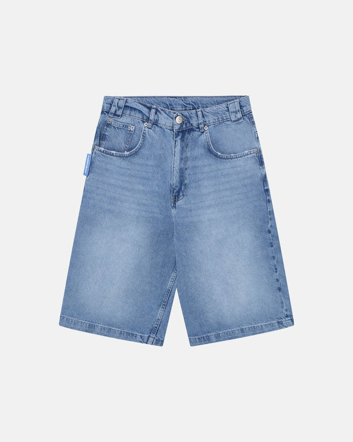 WIND SHORTS MARINE BLUE - light blue denim shorts, front view - Cold Culture