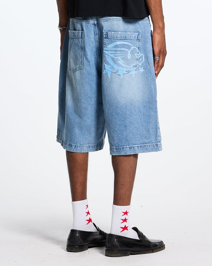 WIND SHORTS MARINE BLUE - light blue denim shorts, back view on male model - Cold Culture #man