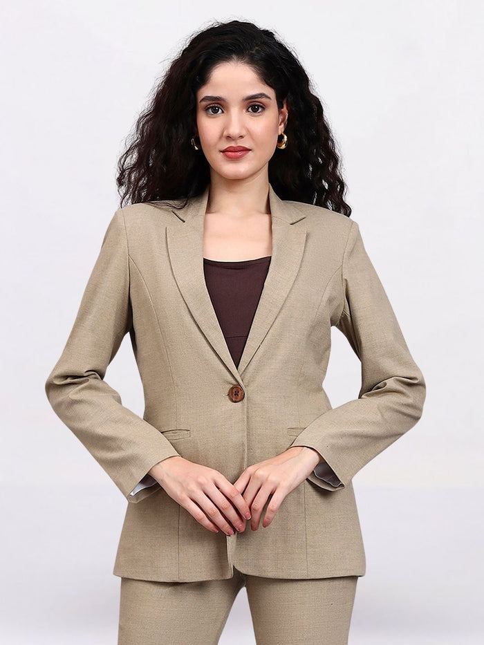 Women Beige Tailored Single Breasted Stretch Formal Pantsuit