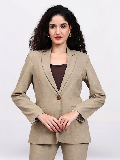 Women Beige Tailored Single Breasted Stretch Formal Pantsuit