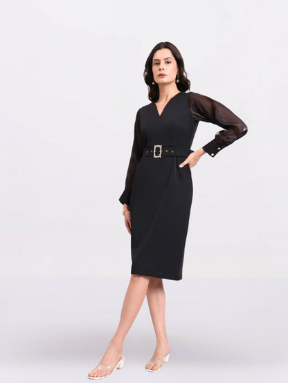 Women Black Stretch Midi Dress