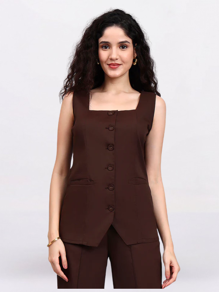 Women Brown Sleeveless Co-ord Set