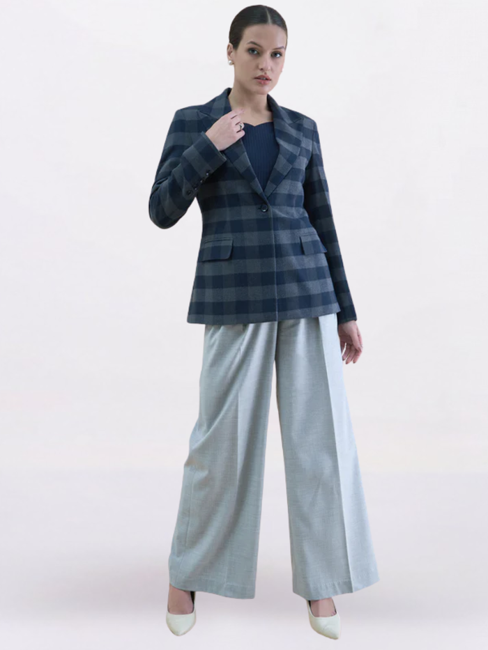 Women Checkered Wool Blend Notch Collar Blazer