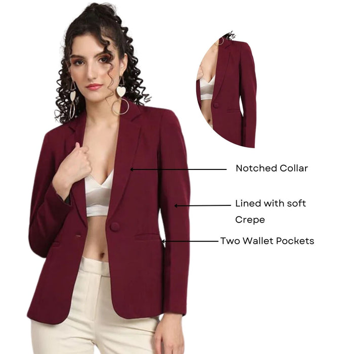 Women Maroon Notched Collar Blazer