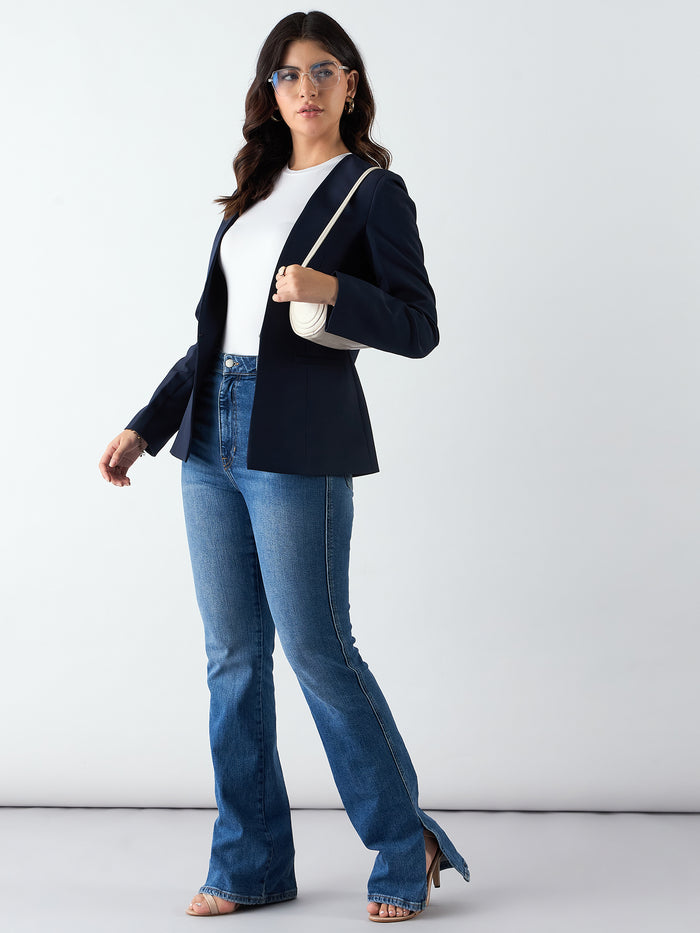 Women Navy Blue Stretch Blazer