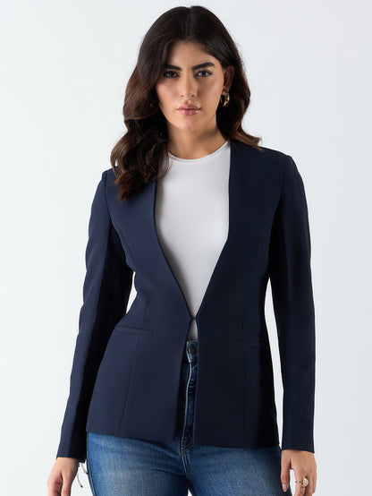Women Navy Blue Stretch Blazer