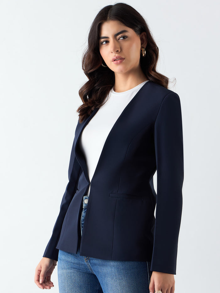 Women Navy Blue Stretch Blazer