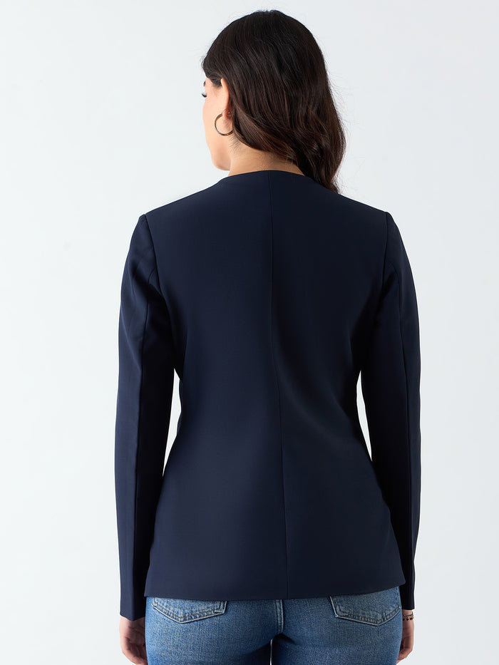 Women Navy Blue Stretch Blazer