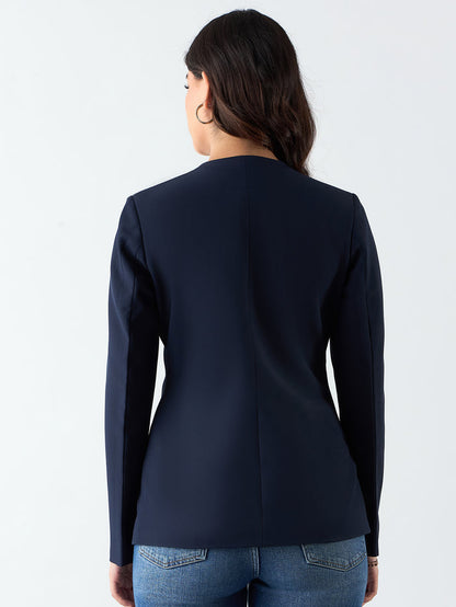 Women Navy Blue Stretch Blazer