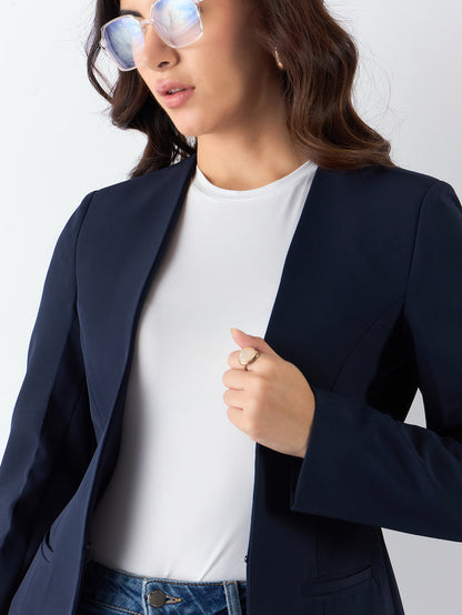Women Navy Blue Stretch Blazer