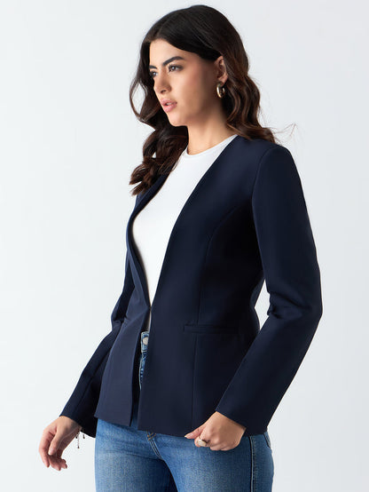 Women Navy Blue Stretch Blazer