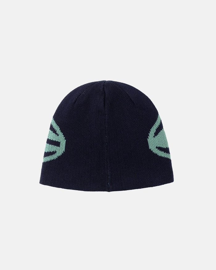 WORK BEANIE HEAVY BLUE - navy blue striped knit beanie, back view - Cold Culture