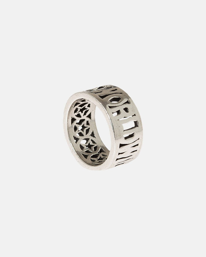 WORLDWIDE RING - silver cut-out lettering ring, side view - Cold Culture