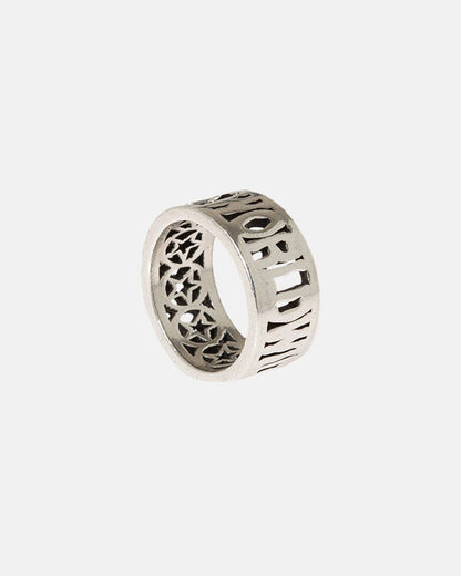 WORLDWIDE RING - silver cut-out lettering ring, side view - Cold Culture