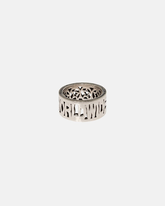 WORLDWIDE RING - silver cut-out lettering ring, front view - Cold Culture
