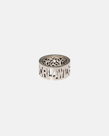 WORLDWIDE RING - silver cut-out lettering ring, front view - Cold Culture