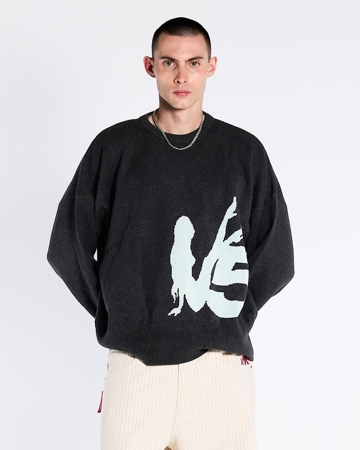 YURE KNIT DARK GREY - dark grey graphic knit sweater, front view on male model - Cold Culture #man