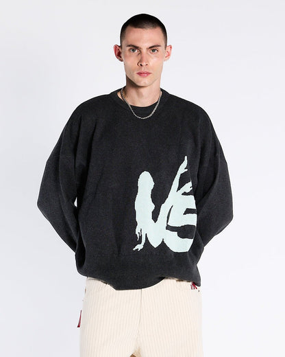 YURE KNIT DARK GREY - dark grey graphic knit sweater, front view on male model - Cold Culture #man