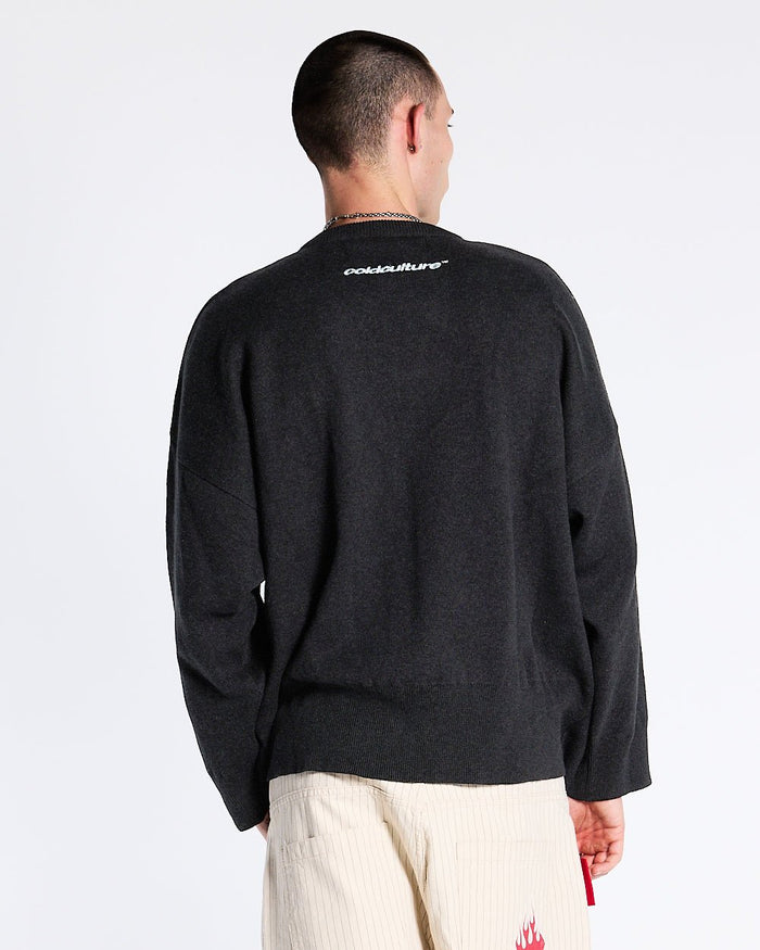 YURE KNIT DARK GREY - dark grey graphic knit sweater, back view on male model - Cold Culture #man