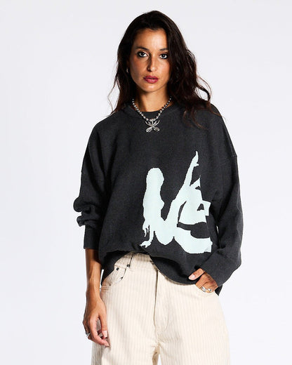 YURE KNIT DARK GREY - dark grey graphic knit sweater, front view on female model - Cold Culture #woman