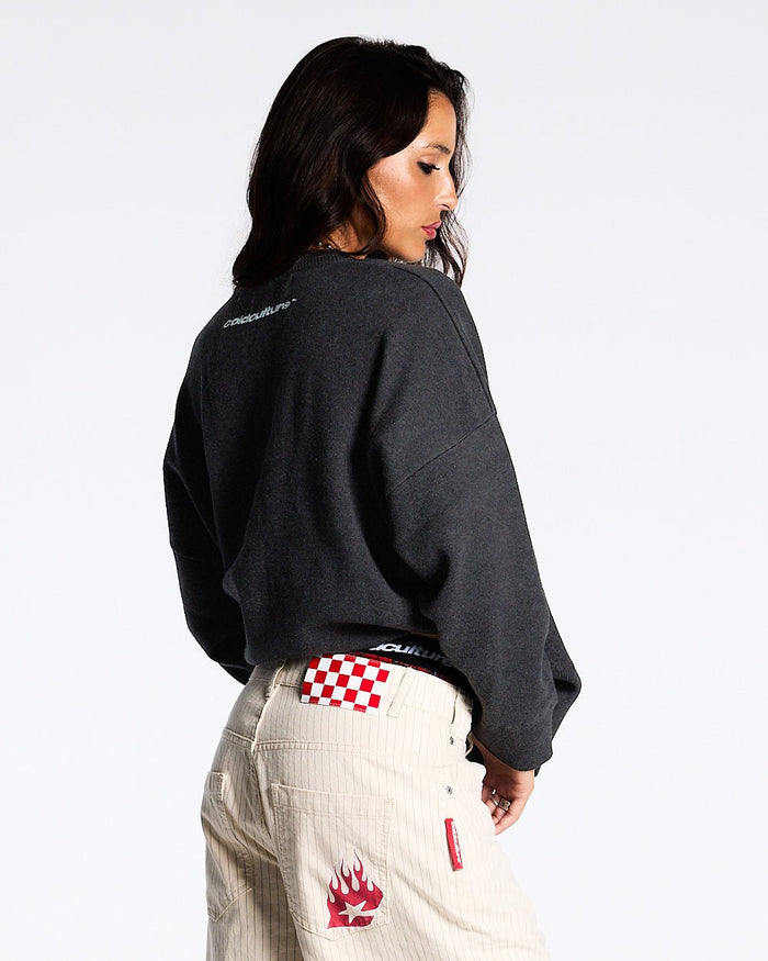YURE KNIT DARK GREY - dark grey graphic knit sweater, back view on female model - Cold Culture #woman