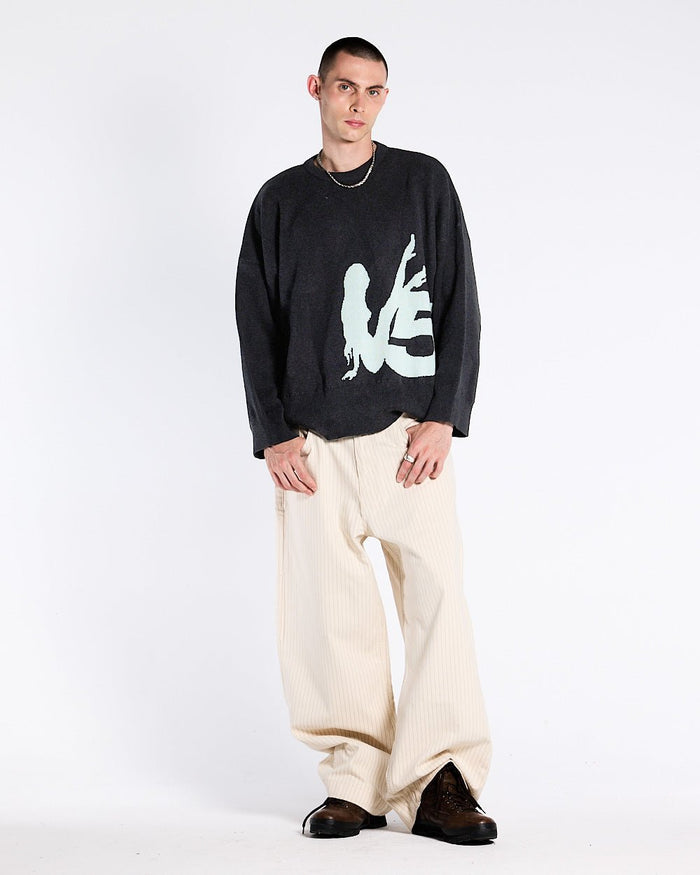 YURE KNIT DARK GREY - dark grey graphic knit sweater, front view on male model - Cold Culture #man