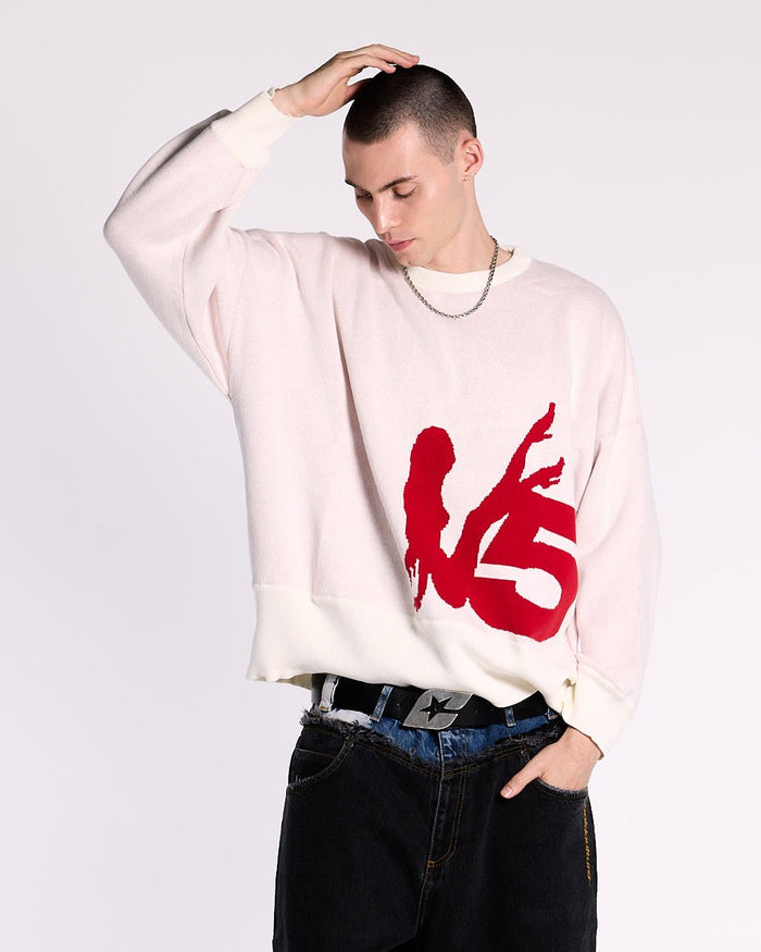 YURE KNIT OFF WHITE - off white graphic knit sweater, front view on male model - Cold Culture #man