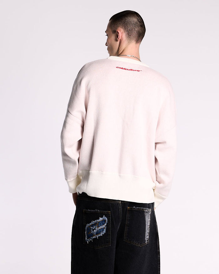 YURE KNIT OFF WHITE - off white graphic knit sweater, back view on male model - Cold Culture #man