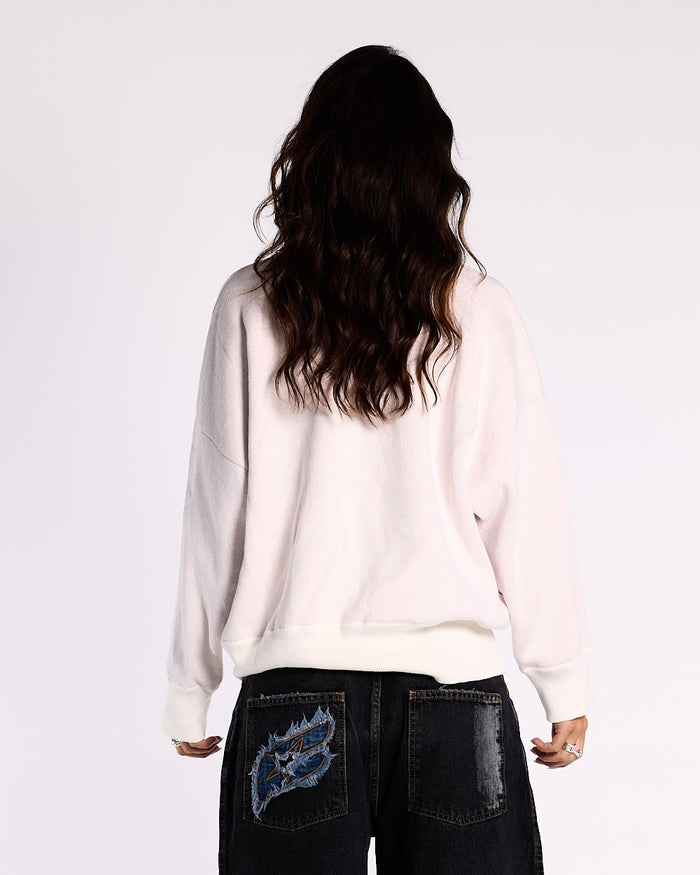 YURE KNIT OFF WHITE - off white graphic knit sweater, back view on female model - Cold Culture #woman